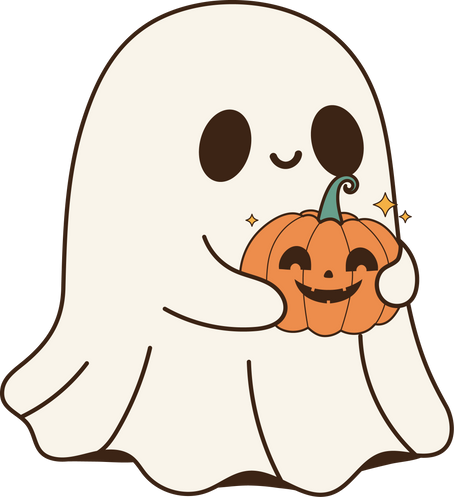 Cute Halloween ghost holding a spooky pumpkin